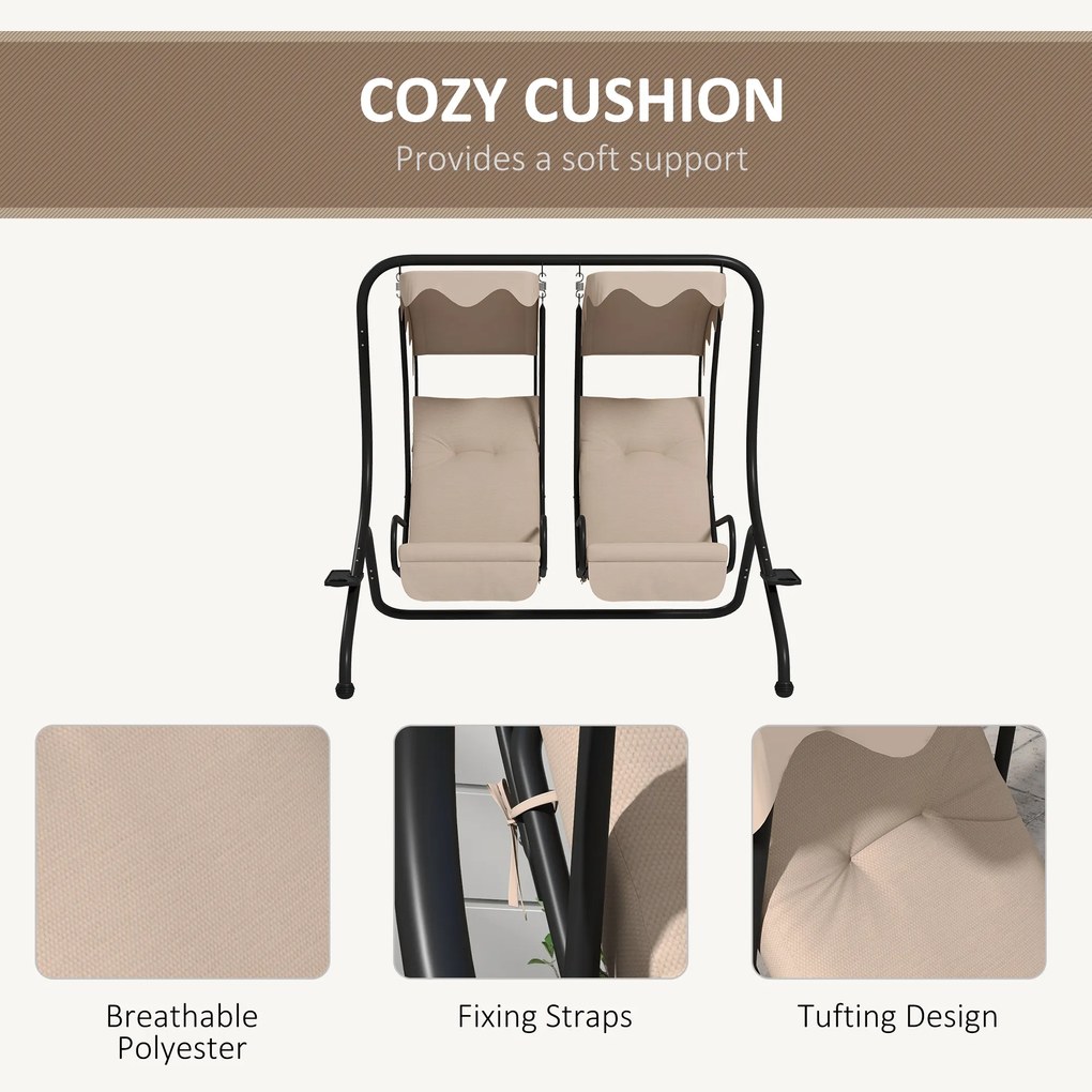 Outsunny Huśtawka ogrodowa typu Hollywood, odporna na warunki atmosferyczne, 2 oddzielne siedzenia, 2 podstawki na napoje, 170 cm x 136 cm x 170 cm, Beżowa