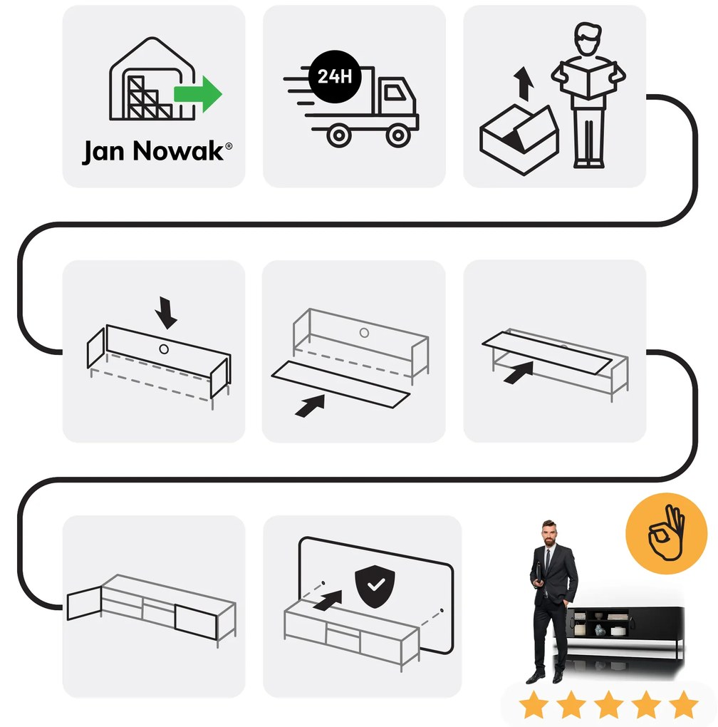 Szafka RTV metalowa szeroka XL na nóżkach czarna, 1700x400x500 mm: ROSARIA