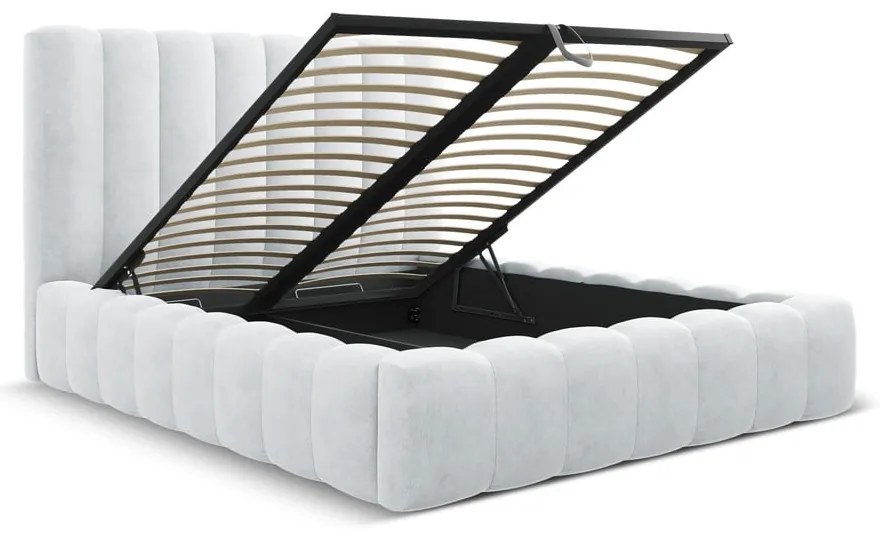 Jasnoszare tapicerowane łóżko dwuosobowe ze schowkiem i stelażem 200x200 cm Kelp – Micadoni Home