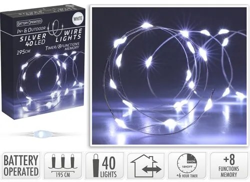 Drut świetlny z timerem Silver lights 40 LED, zimna biała, 195 cm