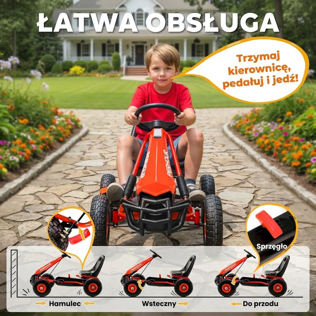 AIYAPLAY Gokart na pedały dla dzieci, regulowane siedzenie, opony EVA, hamulec, sprzęgło, 3-8 lat, Czerwony