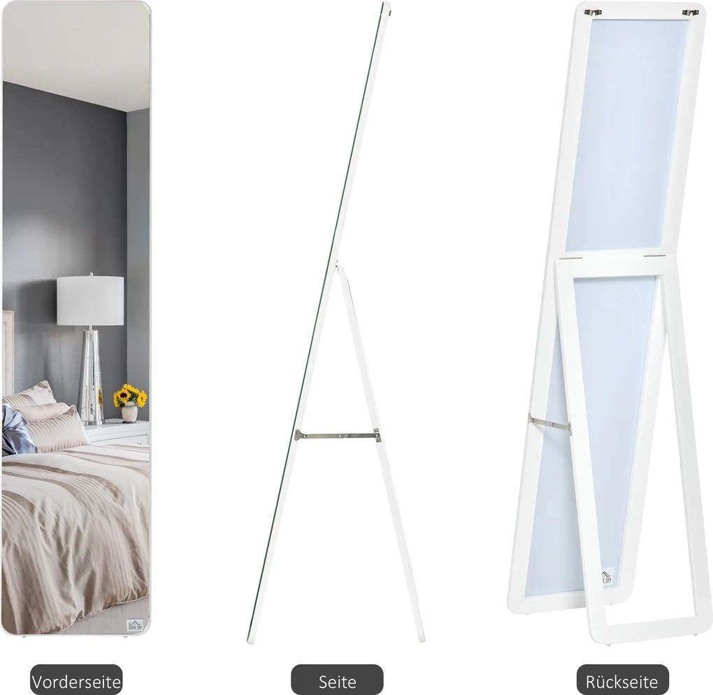 HOMCOM Lustro Pełnowymiarowe Stojące Składana Rama Drewno Sosnowe MDF Białe 37x43x156cm Do Salonu Garderoby | Aosom PL
