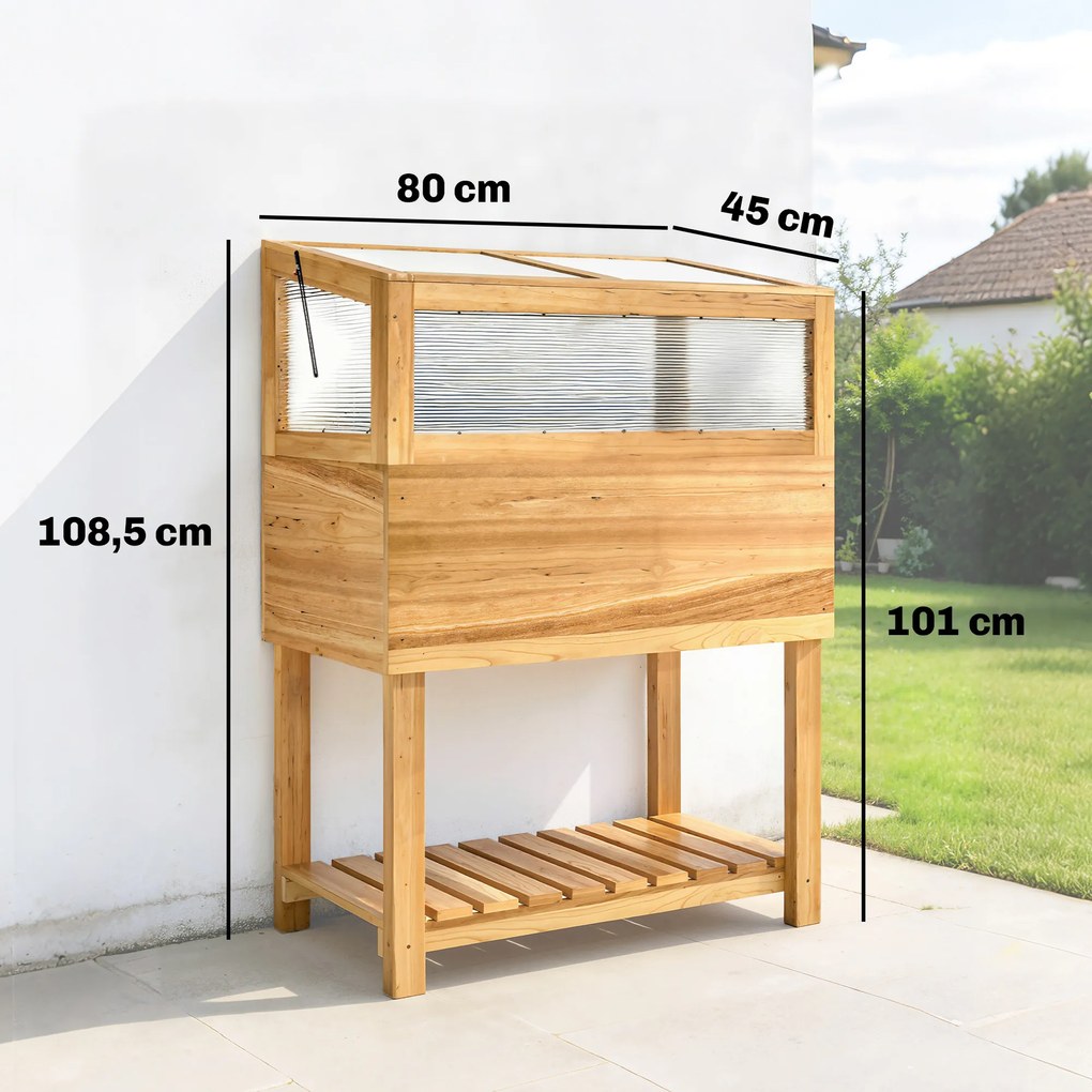 Outsunny Podwyższona grządka z inspektem z drewna, podwyższony doniczkowiec z otwieraną pokrywą, półką, włókniną, ergonomiczny | Aosom PL