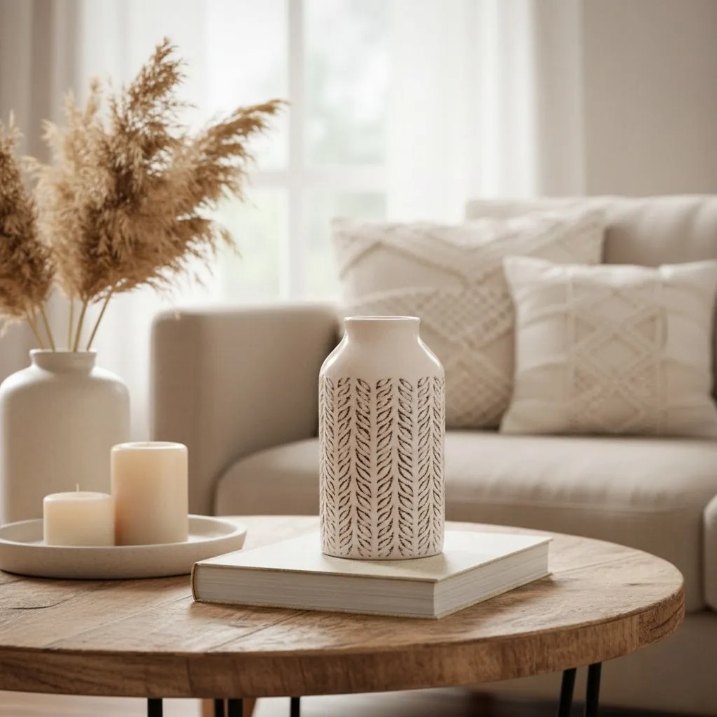 Osłonka Ceramiczna beżowa 17 cm Nowoczesny Wazon zdobiony Elegancki vintage