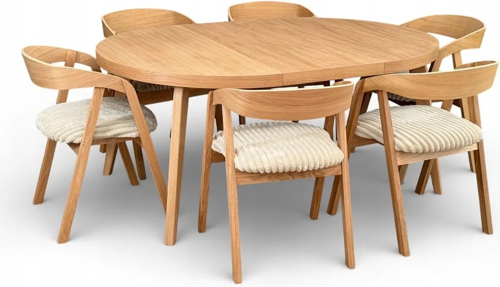 Zestaw Stół okrągły fornir 120/220 cm+ krzesła 6 szt dębowe sztaplowane