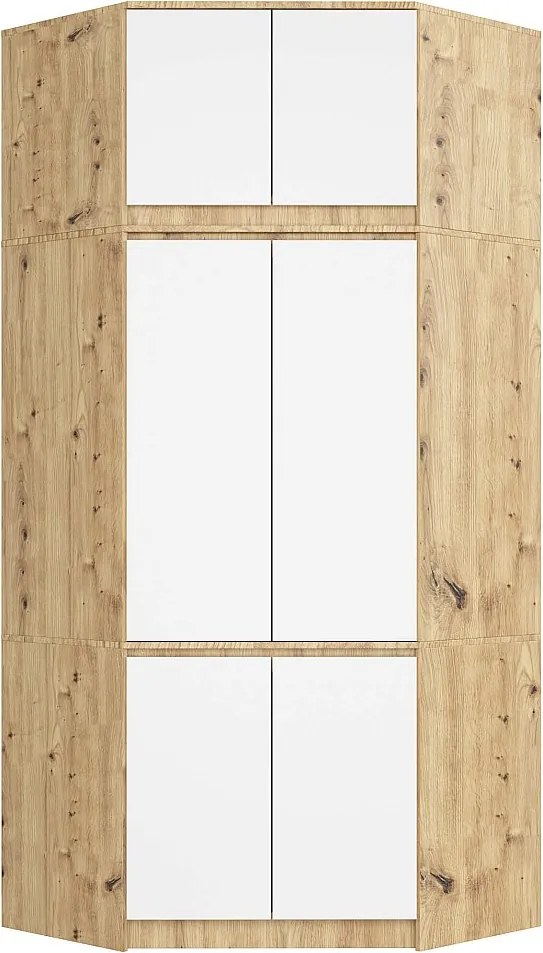 Szafa narożna z nadstawką AKORD S100 Dąb Artisan 100 cm 6 drzwi kolor Biały mat 9 półek 100x50x235 cm