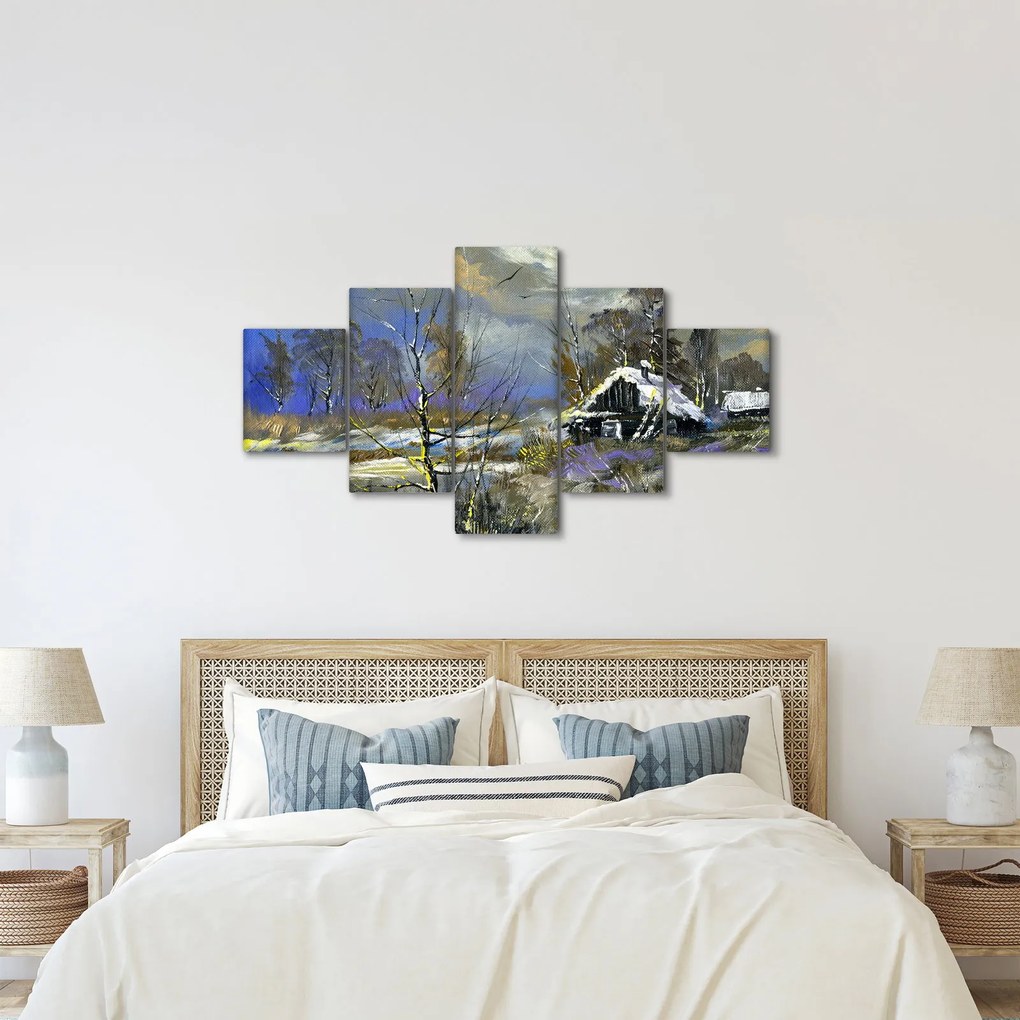 Obraz chaty w zimowym krajobrazie, obraz olejny (125x70 cm)