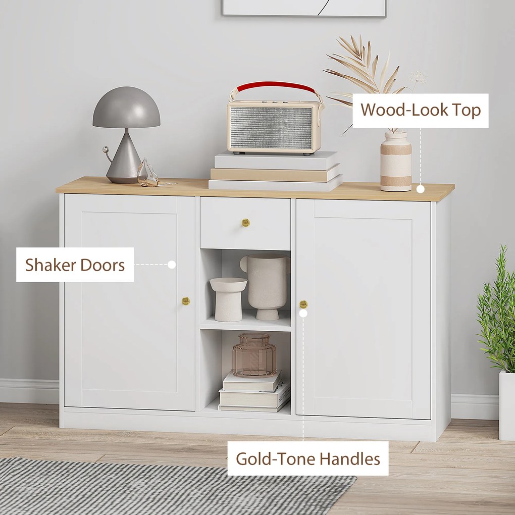 HOMCOM Komoda Kuchenna, Sideboard z Szufladą, Szafkami, Półkami, Płyta Wiórowa, Biała