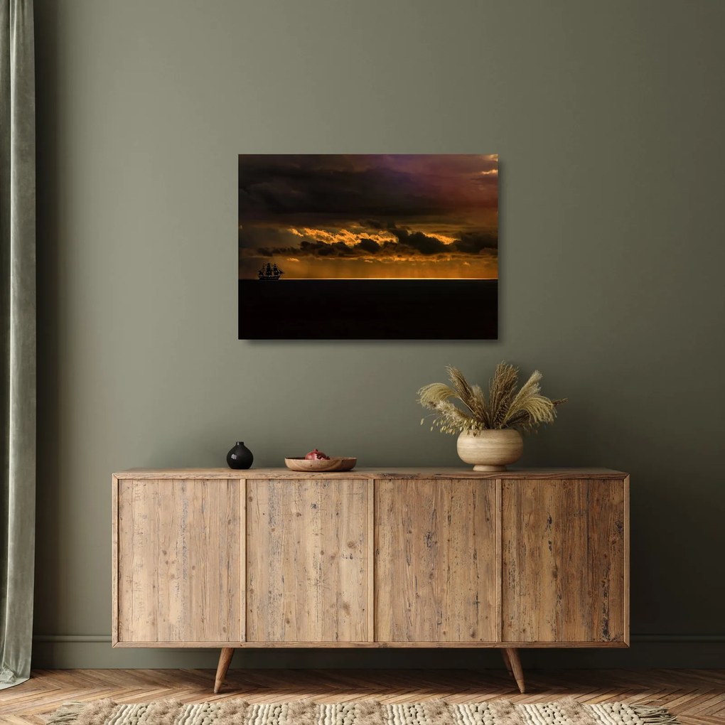 Obraz na szkle - żaglówka o zachodzie słońca (70x50 cm)