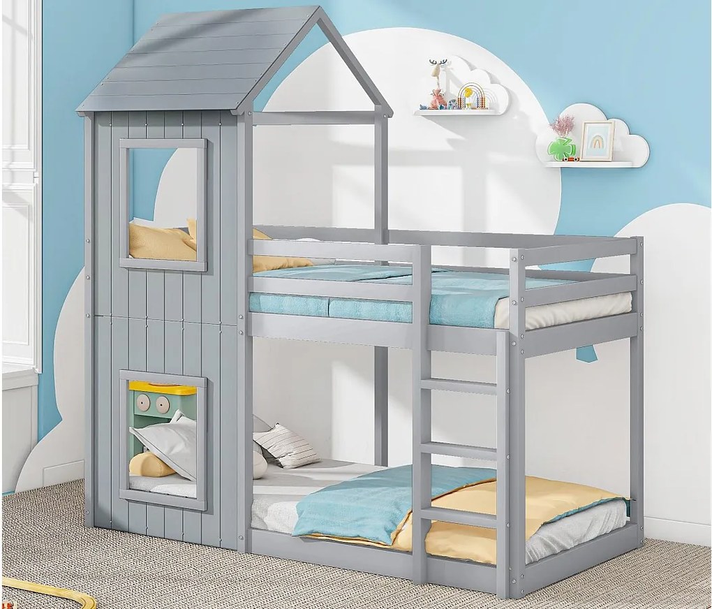 Łóżko piętrowe domek 90x200cm - z litego drewna - z 2 oknami - Szare