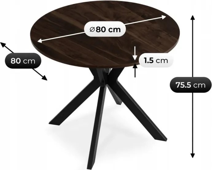 Zestaw Stół Okrągły LAUREN 80 cm Orzech/Czarny i 4 Krzesła PERU Rude