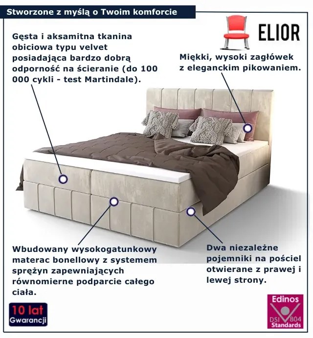Beżowe welurowe łóżko kontynentalne z pojemnikiem N8-D00
