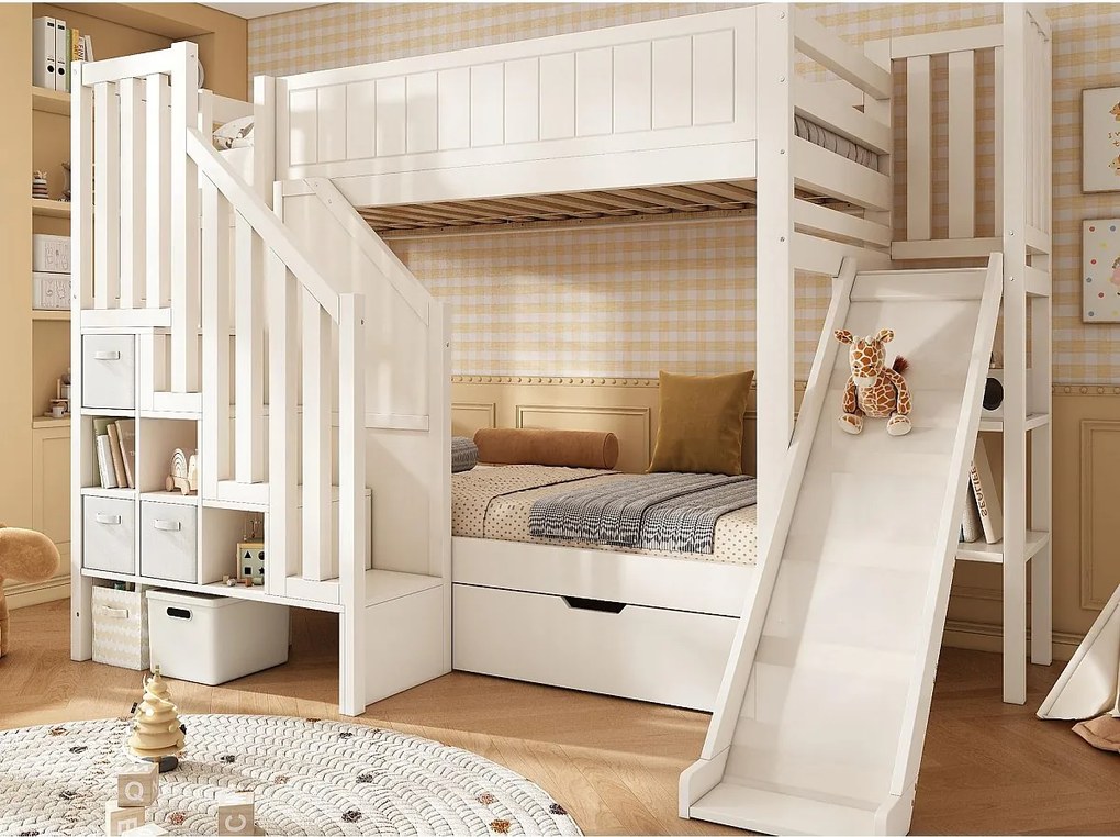 Łóżko piętrowe dla dzieci 90x200cm - ze zjeżdżalnią i drabiną z pojemnikami - z 1 szufladą i otwartymi półkami - Biały​ (materac nie jest wliczony w cenę)
