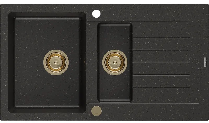 Mexen Matias zlewozmywak granitowy 1,5-komorowy z ociekaczem 900 x 505 mm, czarny/złoty metalik, syfon złoty - 6502901505-75-G