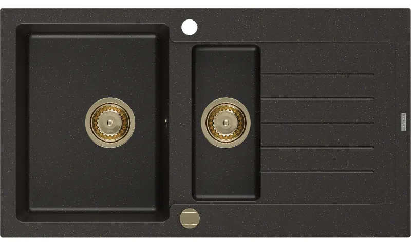Mexen Matias zlewozmywak granitowy 1,5-komorowy z ociekaczem 900 x 505 mm, czarny/złoty metalik, syfon złoty - 6502901505-75-G