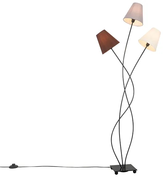 Designerska lampa podłogowa czarna z abażurami z tkaniny 3-światłowa - Melis Nowoczesny Oswietlenie wewnetrzne