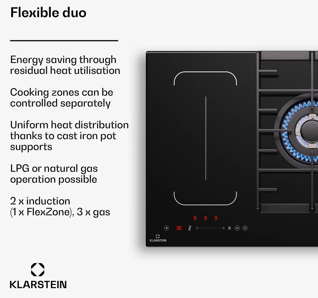 Klarstein Multichef 90cm Płyta kombinowana 5 stref gotowania Czarne szkło