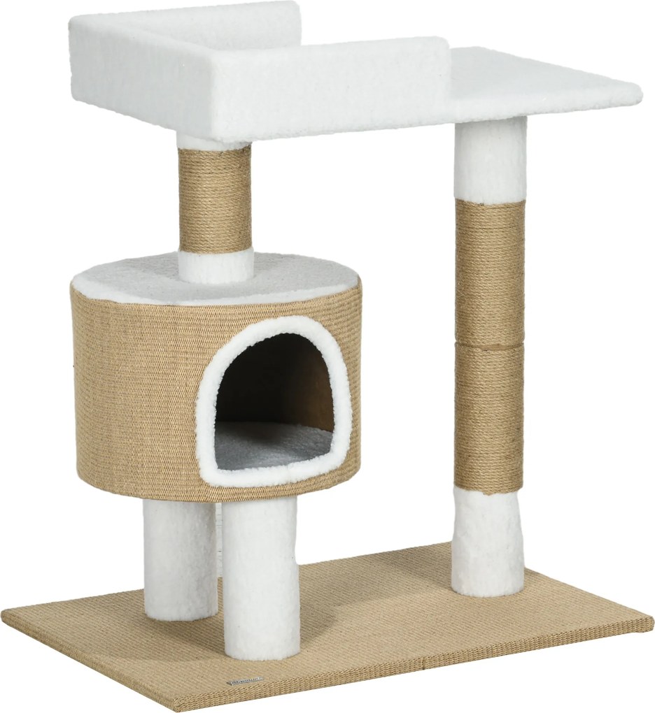 PawHut Drapak dla kotów z domem dla kota, 1 domem dla kota, 1 powierzchnią do leżenia, 70 cm x 49 cm x 79 cm, Naturalny + Biały