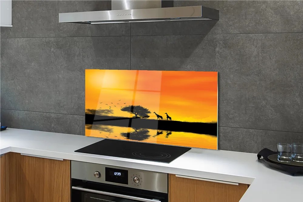 Panel szklany do Kuchni Żyrafy nad Jeziorem o Zachodzie Słońca