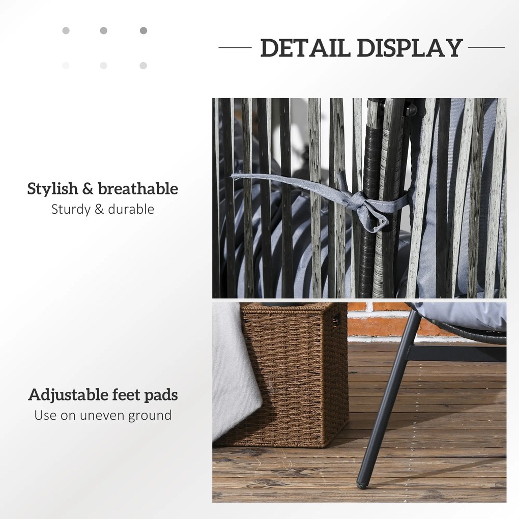 Outsunny Fotel Ogrodowy z Rattanu, Siedzisko Rattanowe, PE-Rattan, 89 cm x 75 cm x 143 cm, Szary+Czarny
