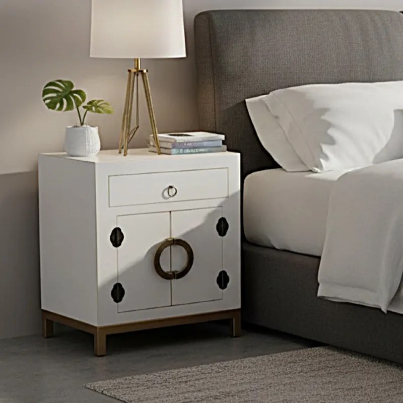 Komoda, stolik nocny, metalowe okucia, styl azjatycki, biały.