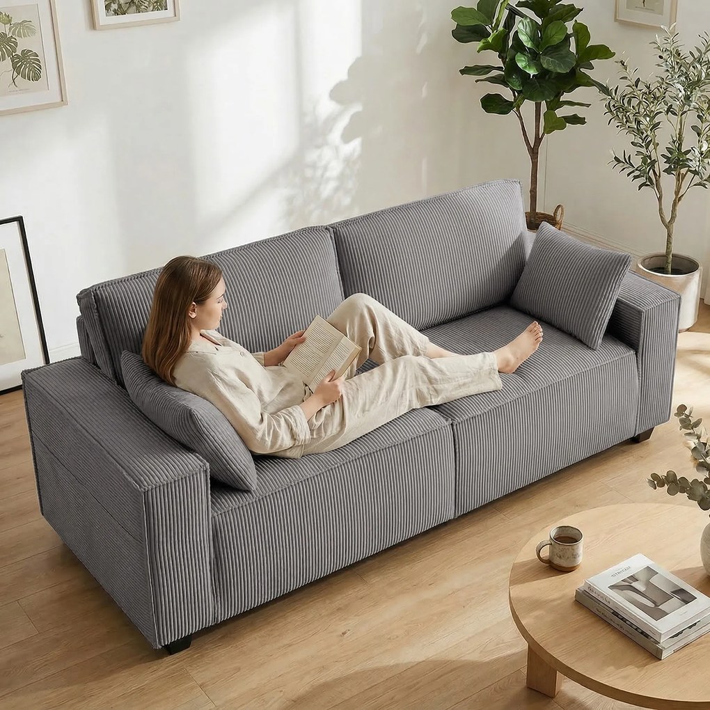 HOMCOM 218 cm 3-osobowa sofa, nowoczesna sofa w stylu sztruksowym z sprężynami kieszeniowymi, szerokimi podłokietnikami i 2 poduszkami, jasnoszara | Aosom PL