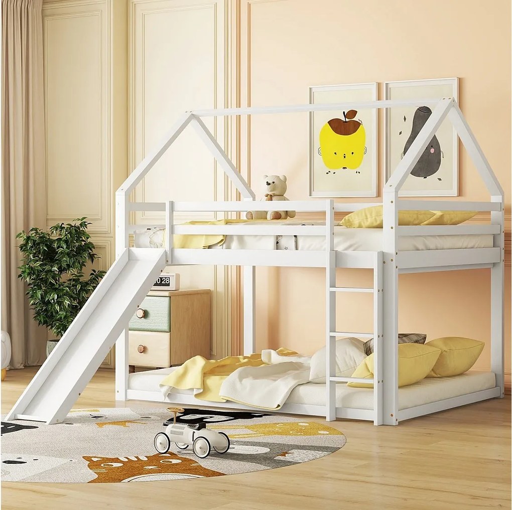 Łóżka piętrowe kabina 2 x 140 x 200 cm - schody i slajd - pin i mdf - biały