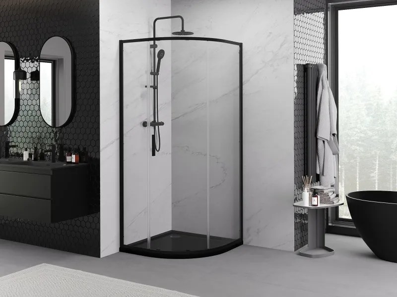 Mexen Exo-S kabina prysznicowa półokrągła rozsuwana 80 x 80 cm, transparent, czarna - 8131-080-080-70-00
