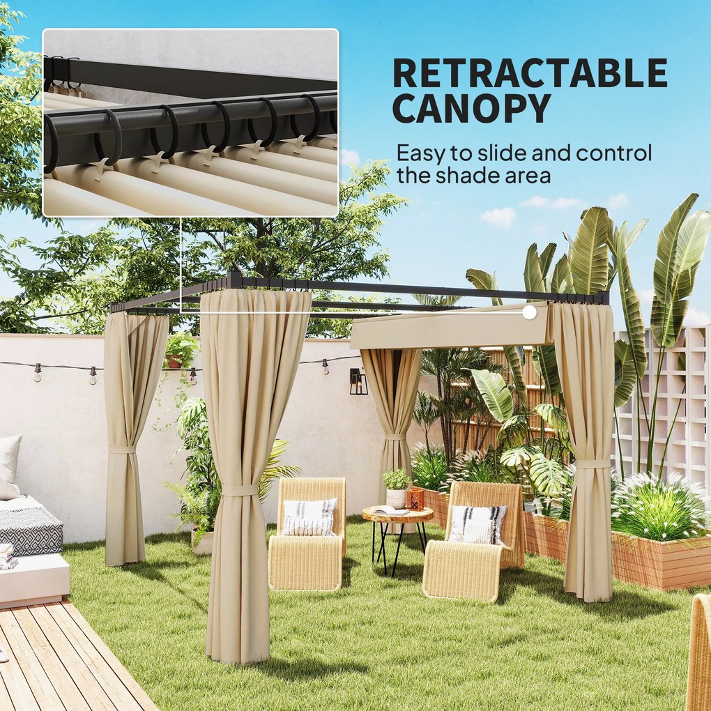 Outsunny Pergola 3 x 3 m, samonośne zadaszenie tarasu z wysuwanym dachem, 4 ścianki boczne, odporne na UV, beżowy | Aosom PL