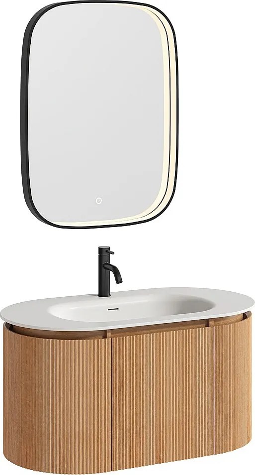 Wisząca szafka łazienkowa z prążkowanego drewna jesionowego z umywalką wpuszczaną, baterią i lustrem – Jasny naturalny - szer. 90 cm - LILIKO