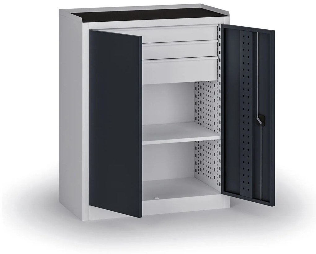 Szafa warsztatowa, 1 półka + 3 szuflady, 1180 × 950 × 500 mm, grafitowe drzwi