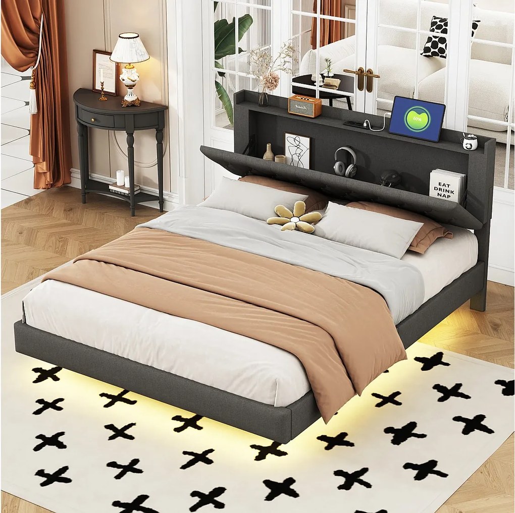 Łóżko dla dorosłych 160 x 200 cm – z oświetleniem LED, zagłówkiem, stelażem – len – szare