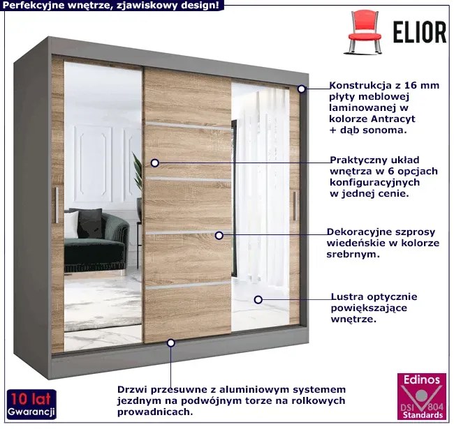 Szafa przesuwna 200 cm antracyt + dąb sonoma - Ebia 6X