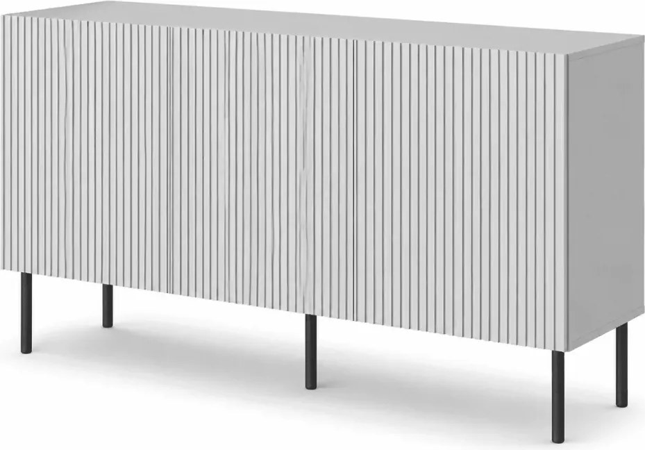 Komoda Jolly – nowoczesny mebel z ryflowanymi frontami w kolorze jasnego popielu z metalowymi nóżkami i przestronnymi półkami