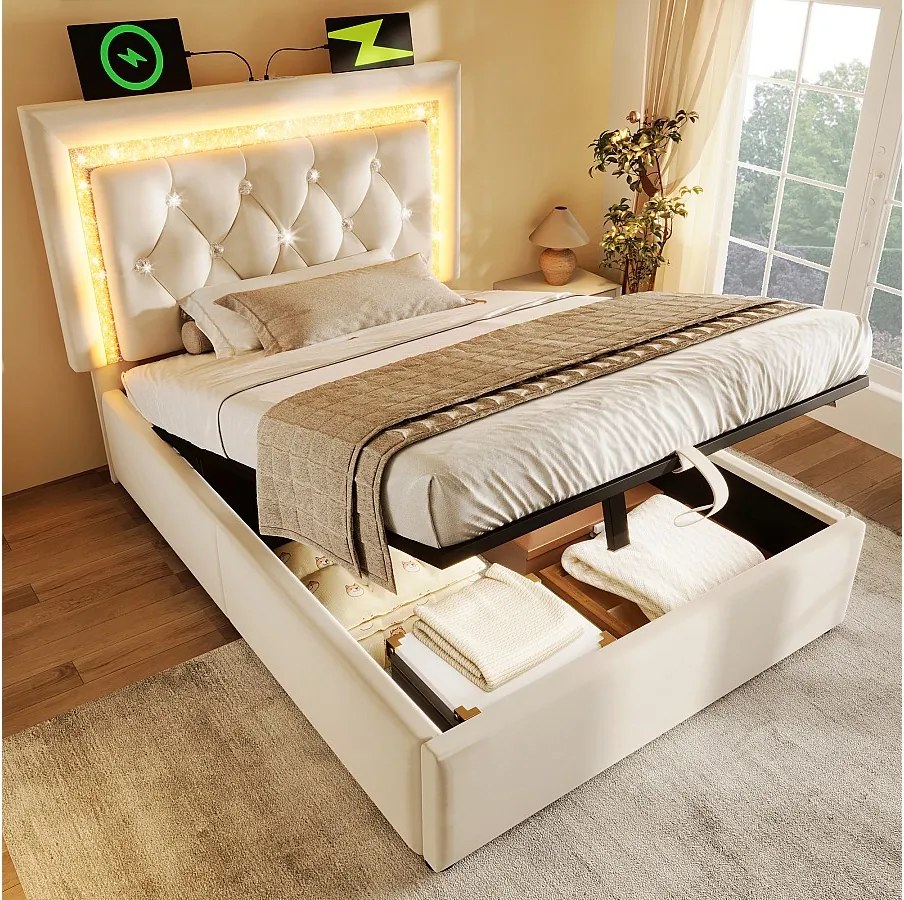 Łóżko tapicerowane, jednoosobowe, ze schowkiem - 90 x 200 cm - zagłówek z diodami LED + porty USB i typu C - hydrauliczny schowek - aksamit - beż