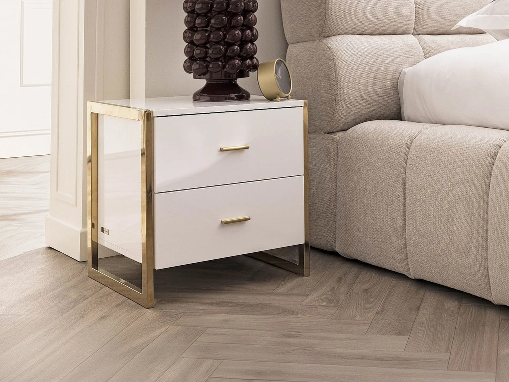 Zestaw 2 szafek nocnych z 2 szufladami - MDF - Biały lakierowany i złoty - OMBRELIA Pascala Morabito