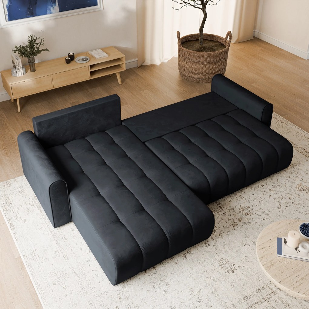 Masseno Narożnik FRIGA z funkcją spania i pojemnikiem na pościel Narozniki L, Rozkładana sofa - Czarny, MONOLITH 95