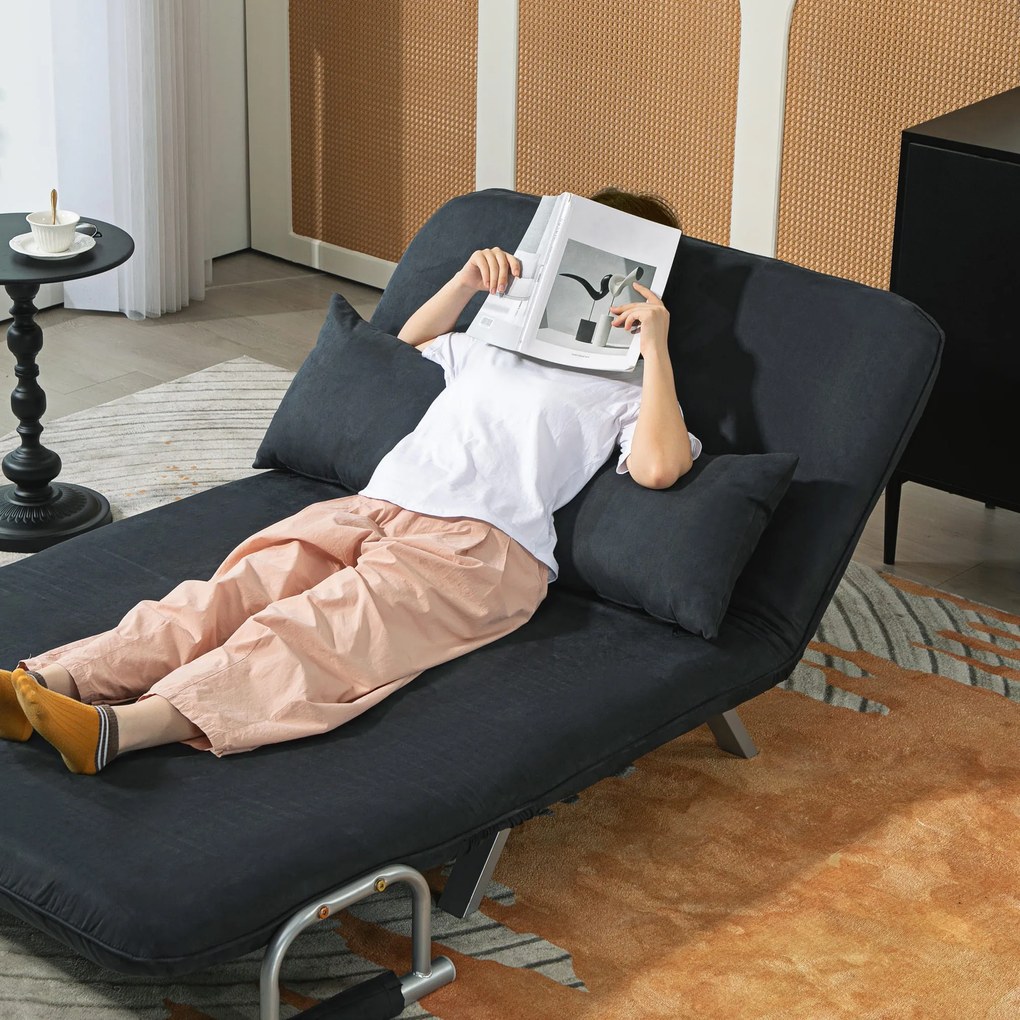 HOMCOM Sofa do spania z 5-stopniową regulacją, imitacja zamszu, stalowa rama, w zestawie poduszki, Czarny