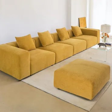 Modułowa Sofa 4-częściowa Z Wysokimi Podłokietnikami I Pufą (↔︎400 Cm) Bruna Tkaniny Szenil Musztarda - Sklum