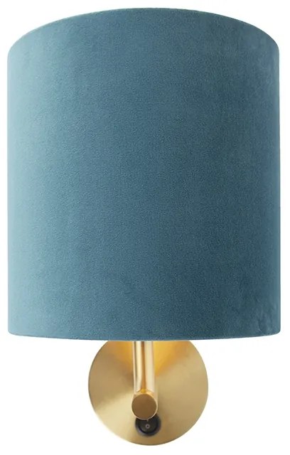 Kinkiet / Lampa scienna vintage złoty z włącznikiem klosz welurowy niebieski - Matt Nowoczesny Oswietlenie wewnetrzne