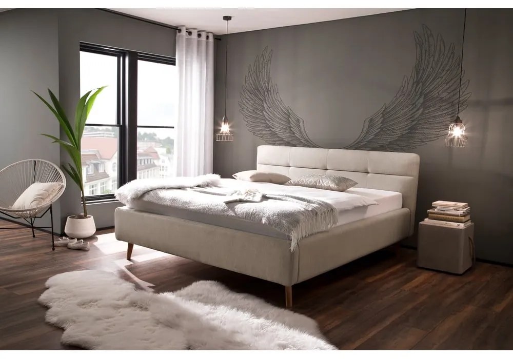 Beżowe tapicerowane łóżko dwuosobowe ze schowkiem ze stelażem 160x200 cm Lotte – Meise Möbel