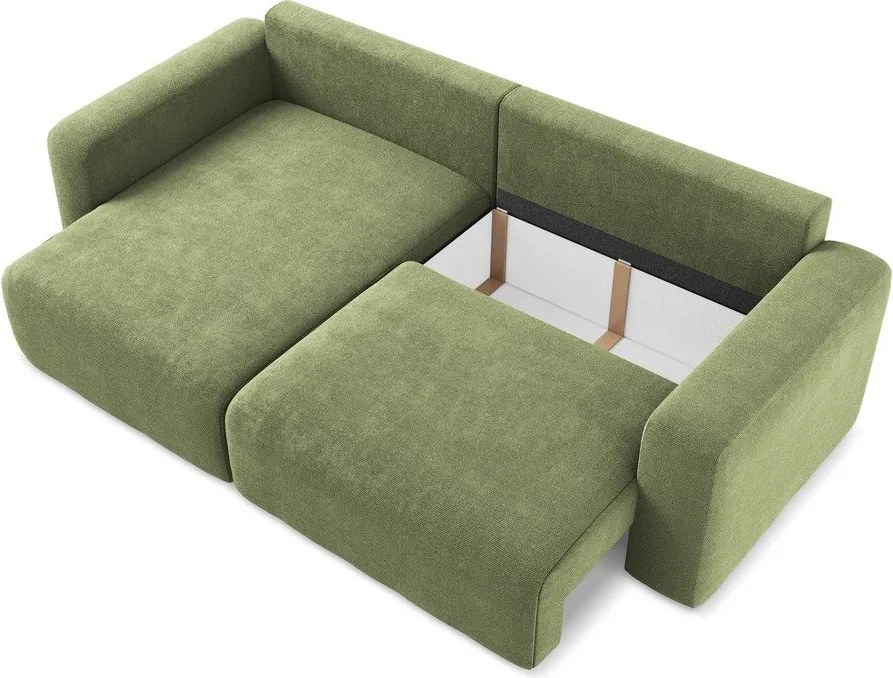 Zielony rozkładany narożnik ze schowkiem z tkaniny szenilowej (lewostronny/z szezlongiem) Kona – Makamii