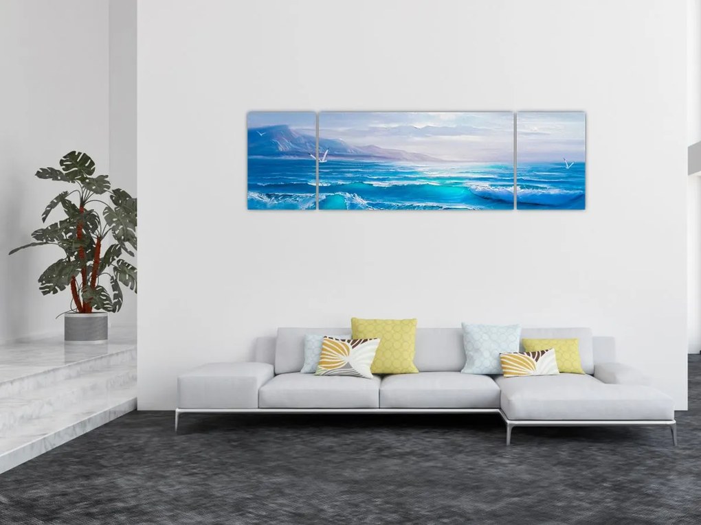 Obraz - Obraz olejny przedstawiający morze z mewami (170x50 cm)