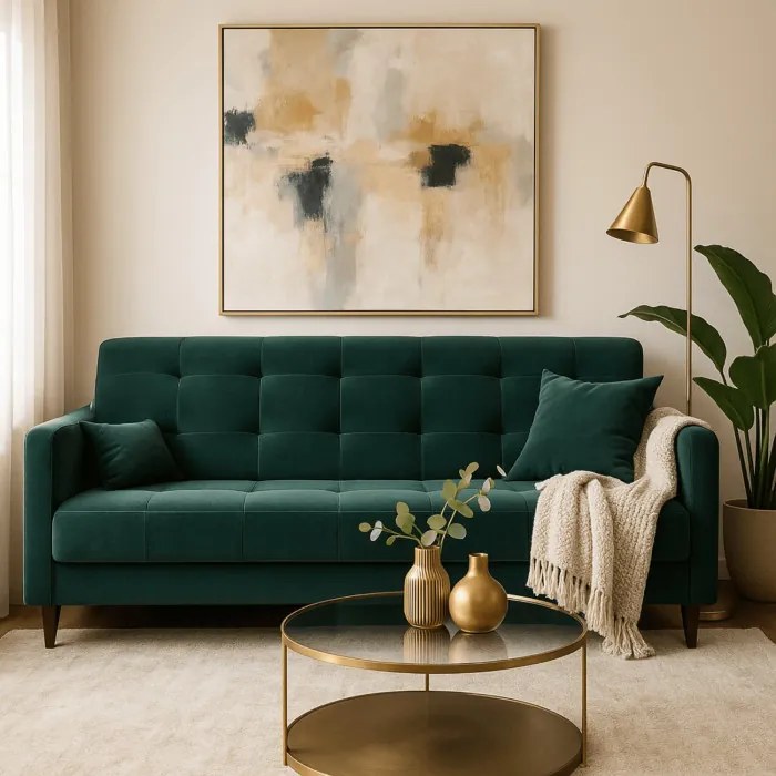 Sofa z Funkcją Spania TIVOLI Wersalka Rozkładana Dwuosobowa Zielona Welurowa Nowoczesna do Salonu