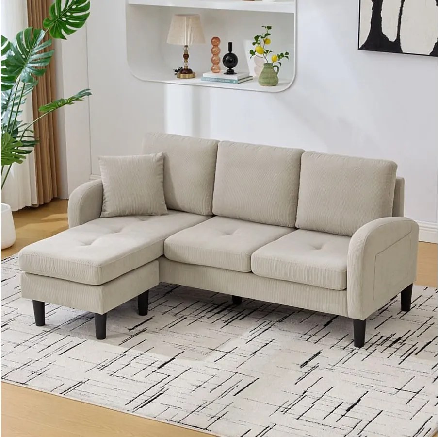 Sofa 3-osobowa z szezlongiem – Narożnik z kieszeniami bocznymi – jasnobrązowa tkanina bawełniano-lniana