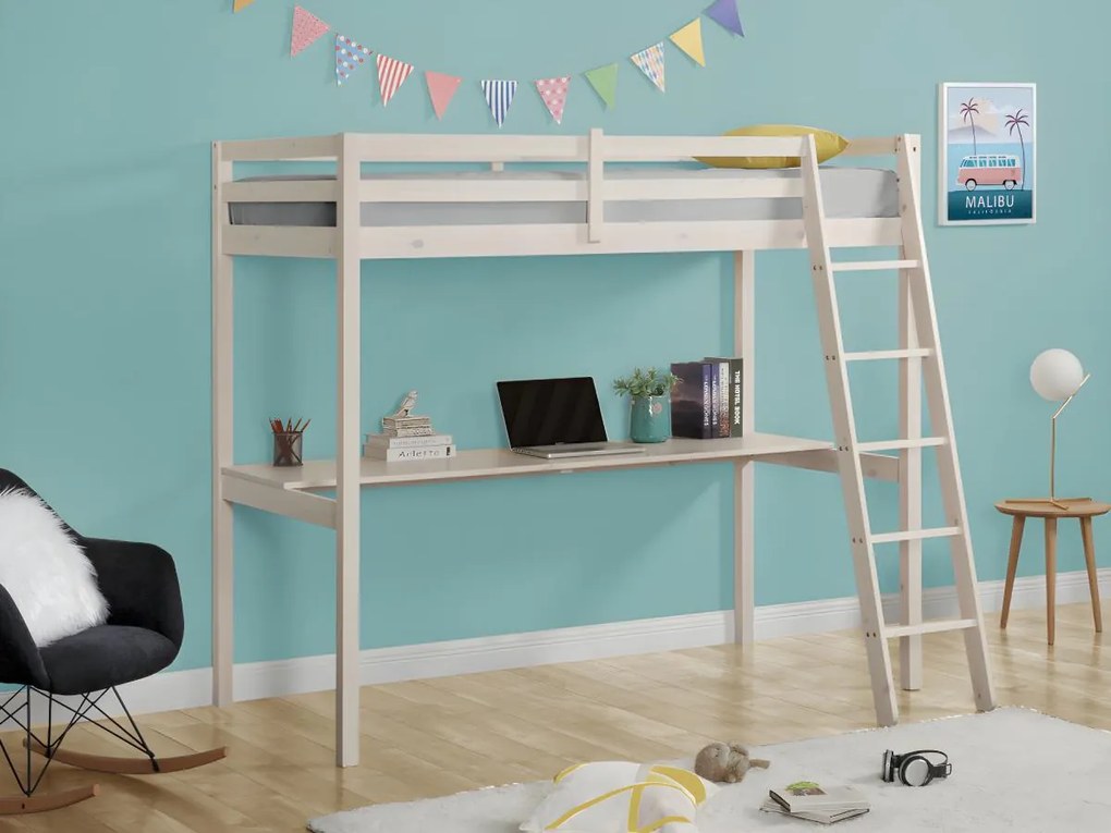 Łóżko antresola GEDEON II – 90 × 190 cm – z biurkiem – lite drewno sosnowe – kolor biały, w zestawie z materacem