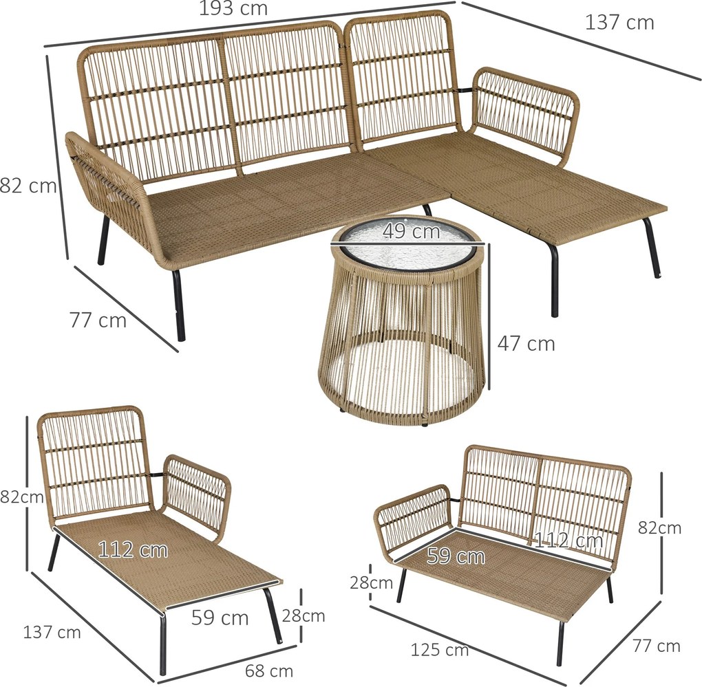Outsunny 3-cz. zestaw mebli ogrodowych z rattanu PE, 1 narożnikowa sofa, 1 leżanka, w komplecie z poduszkami, odporne na warunki atmosferyczne, kawa + kremowy | Aosom PL