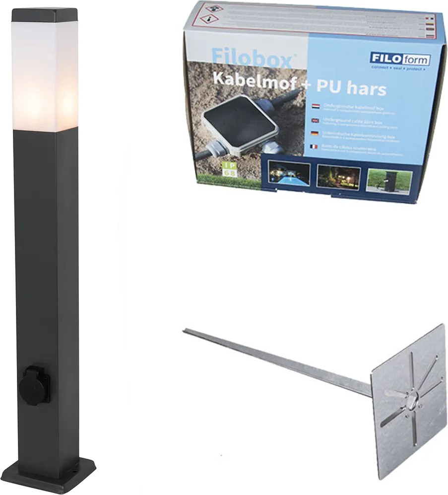 Lampa zewnętrzna ciemnoszara z grotem do ziemi i dławikiem kablowym 80 cm z gniazdkiem IP44 - Malios