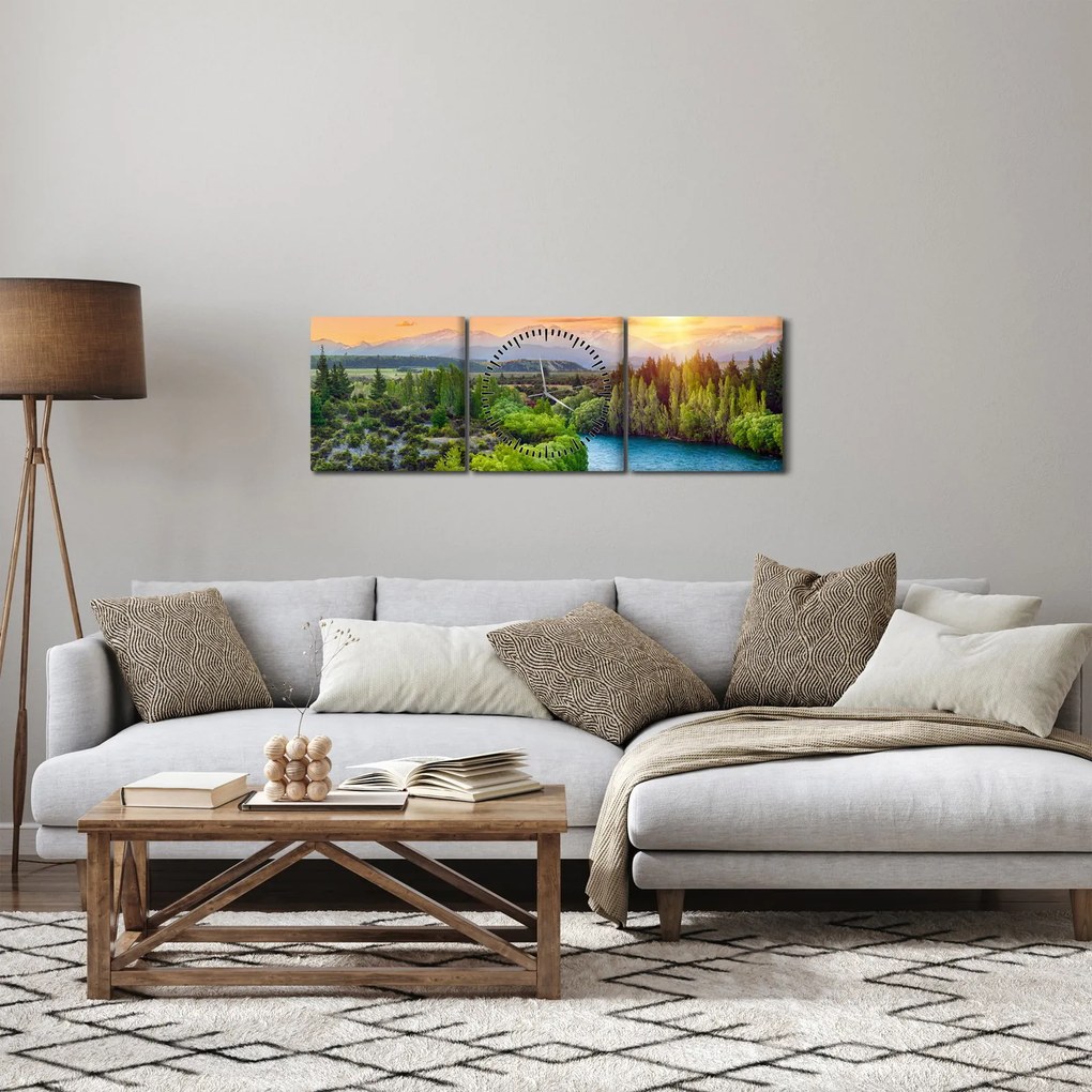 Obraz - Leśny krajobraz górski (z zegarem) (90x30 cm)