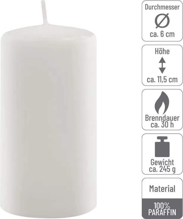 Zestaw świec słupkowych, 11,5 cm, Ø 6 cm, biały, 12 sztuk.